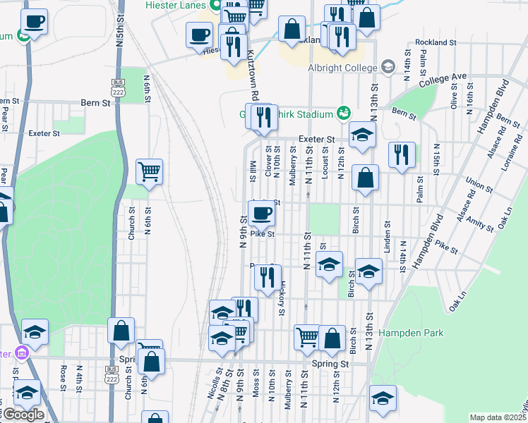 map of restaurants, bars, coffee shops, grocery stores, and more near 1468 Clover Street in Reading