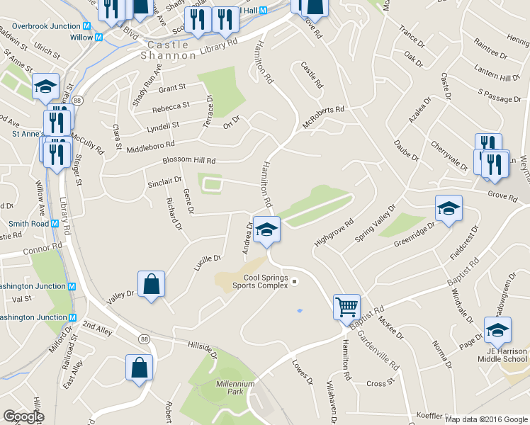 map of restaurants, bars, coffee shops, grocery stores, and more near 1500 Hamilton Rd in Pittsburgh