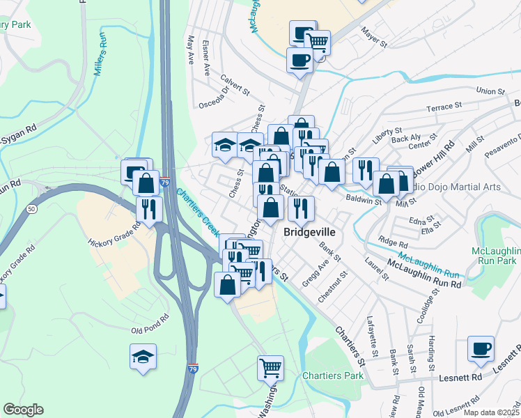map of restaurants, bars, coffee shops, grocery stores, and more near 606 Taylor Way in Bridgeville