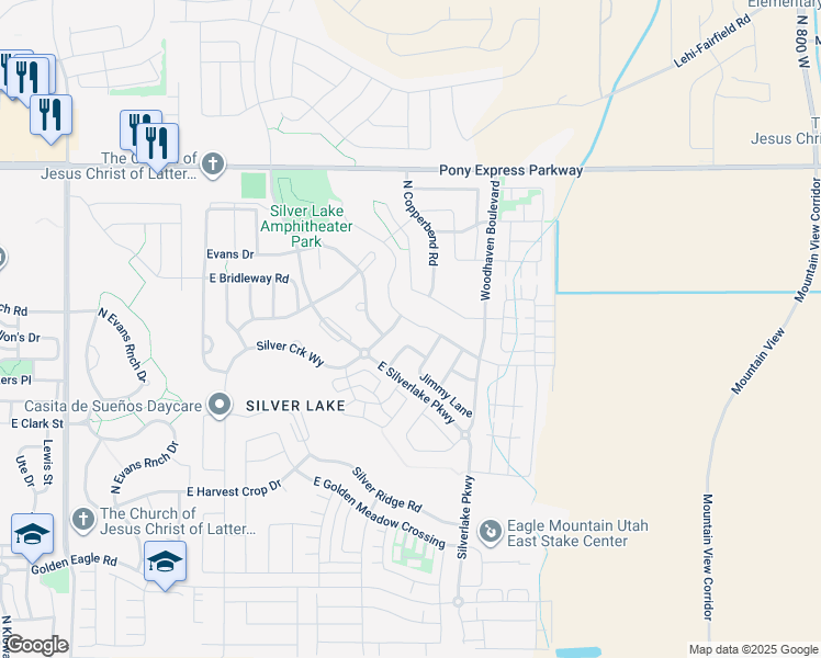 map of restaurants, bars, coffee shops, grocery stores, and more near 4616 East Brookwood Drive in Eagle Mountain