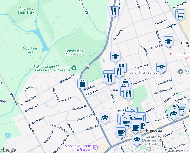 map of restaurants, bars, coffee shops, grocery stores, and more near in Princeton