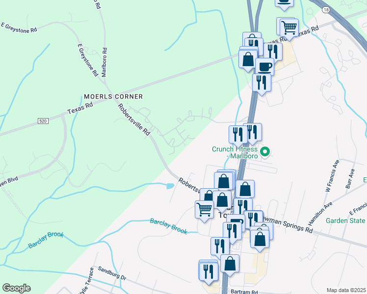 map of restaurants, bars, coffee shops, grocery stores, and more near 47 Azalea Drive in Old Bridge