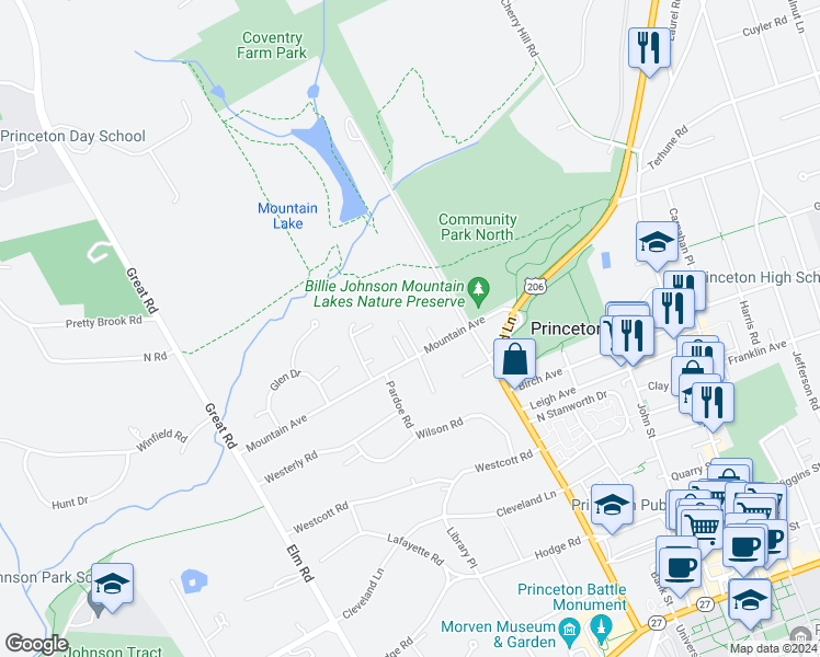 map of restaurants, bars, coffee shops, grocery stores, and more near 19 Henderson Avenue in Princeton