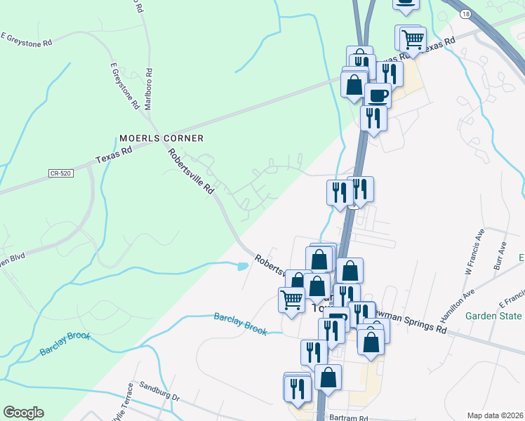 map of restaurants, bars, coffee shops, grocery stores, and more near 47 Azalea Drive in Old Bridge