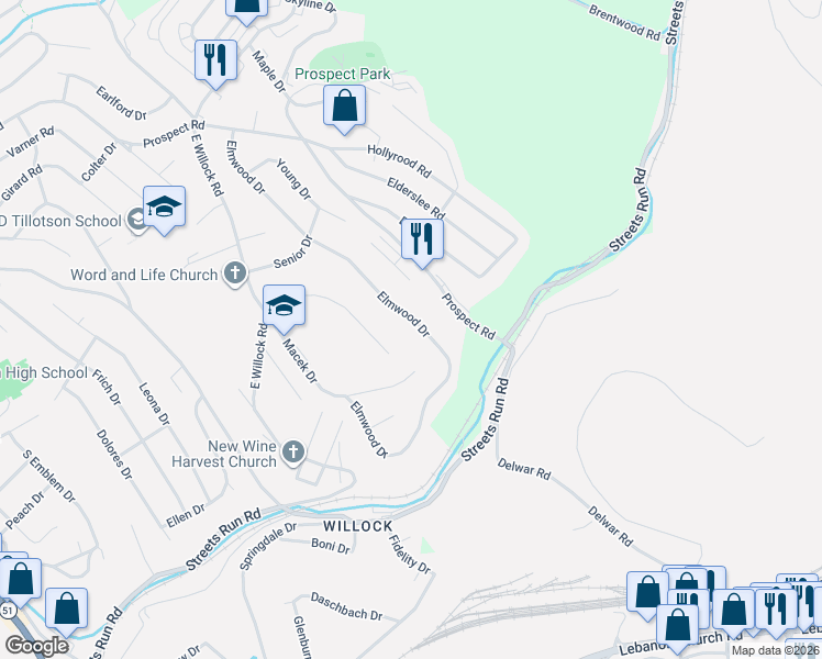 map of restaurants, bars, coffee shops, grocery stores, and more near 5141 Elmwood Drive in Pittsburgh