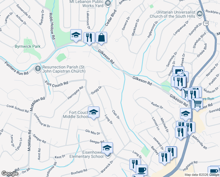 map of restaurants, bars, coffee shops, grocery stores, and more near 532 Clair Drive in Pittsburgh