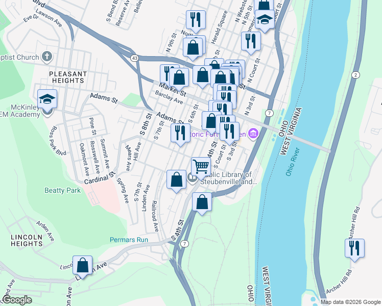 map of restaurants, bars, coffee shops, grocery stores, and more near 247-299 South Commercial Street in Steubenville
