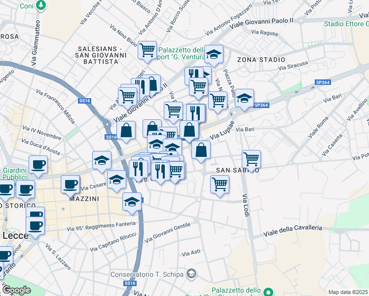 map of restaurants, bars, coffee shops, grocery stores, and more near 34 Via Lupiae in Lecce