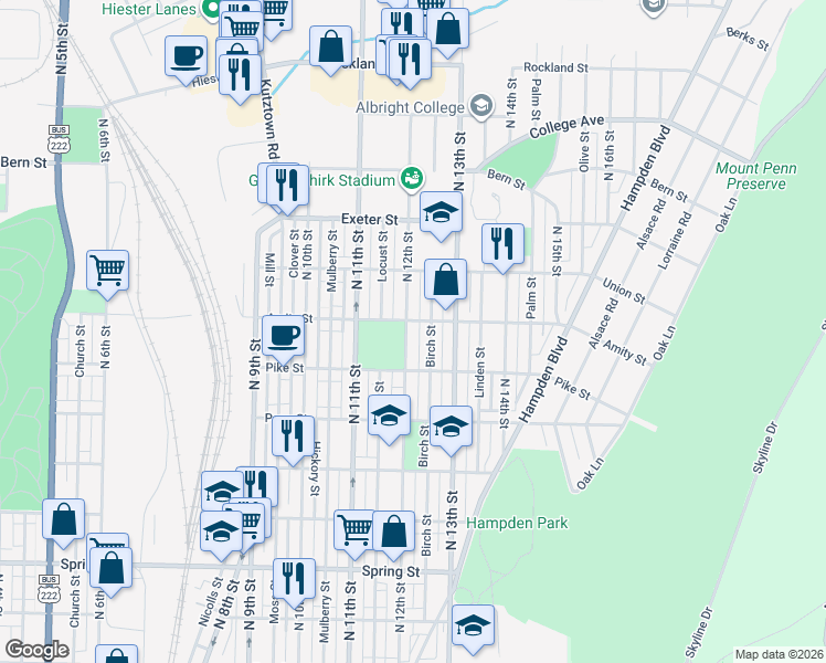 map of restaurants, bars, coffee shops, grocery stores, and more near 1435 North 12th Street in Reading