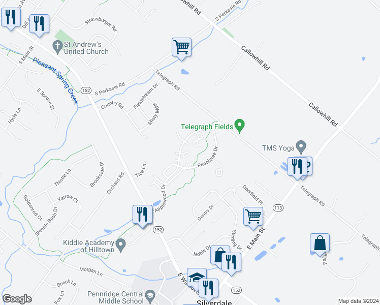 map of restaurants, bars, coffee shops, grocery stores, and more near 1402 Blackberry Court in Perkasie