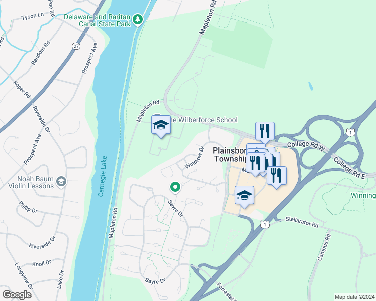 map of restaurants, bars, coffee shops, grocery stores, and more near 9 Hedge Row Road in Princeton