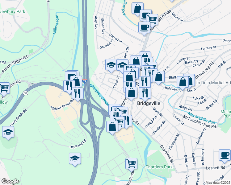 map of restaurants, bars, coffee shops, grocery stores, and more near 300 Hickman Street in Bridgeville