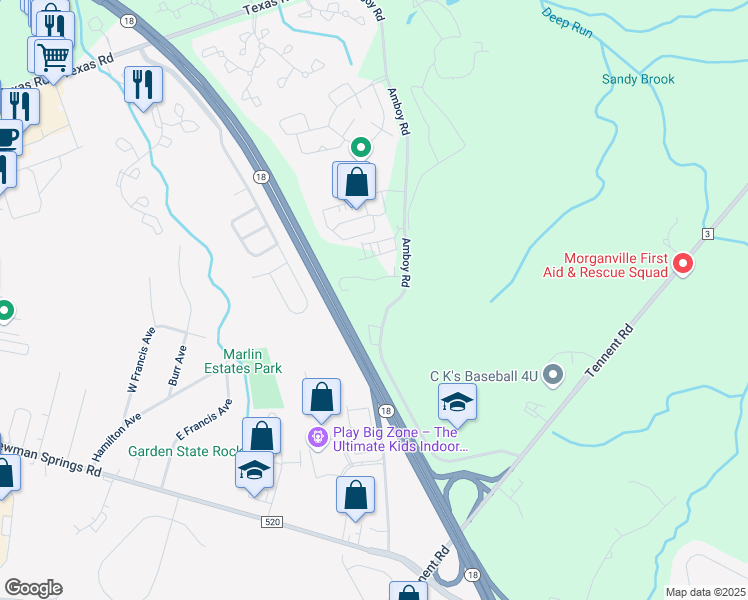 map of restaurants, bars, coffee shops, grocery stores, and more near 121 Amboy Road in Marlboro Township