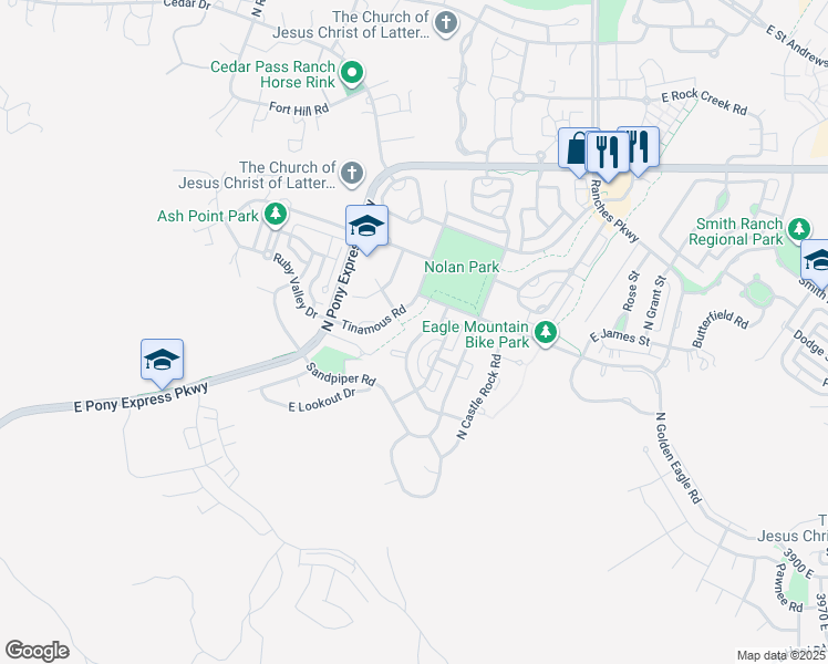 map of restaurants, bars, coffee shops, grocery stores, and more near 7669 North Snowy Owl Road in Eagle Mountain