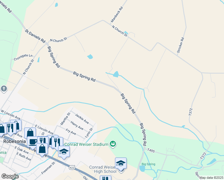 map of restaurants, bars, coffee shops, grocery stores, and more near 332 Big Spring Rd in Robesonia