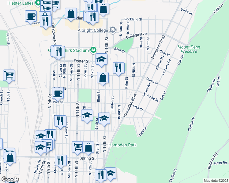 map of restaurants, bars, coffee shops, grocery stores, and more near 1429 Linden St in Reading