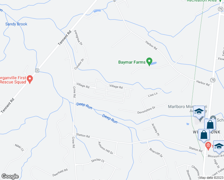 map of restaurants, bars, coffee shops, grocery stores, and more near 99 Village Road in Marlboro