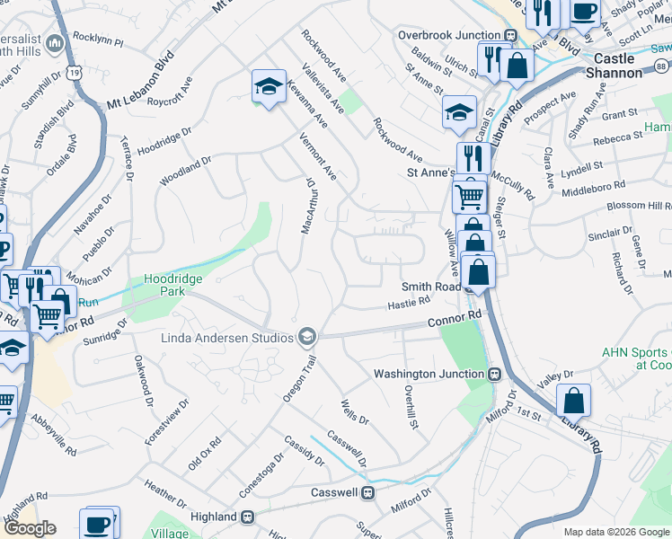 map of restaurants, bars, coffee shops, grocery stores, and more near 4222 Greenridge Road in Pittsburgh