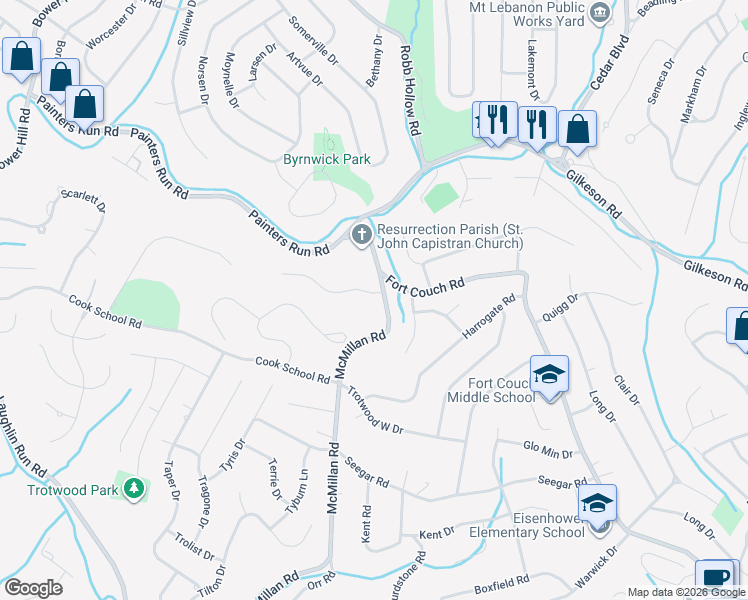 map of restaurants, bars, coffee shops, grocery stores, and more near 1656 Watterson Court in Pittsburgh