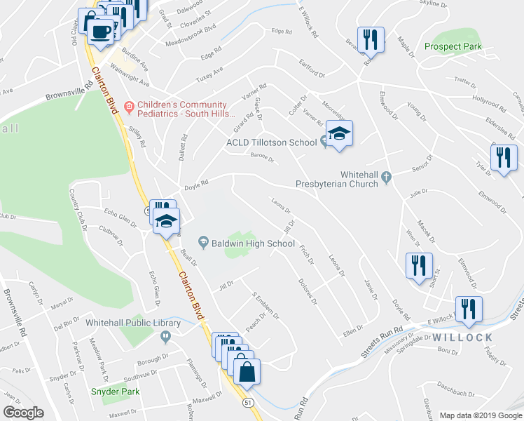 map of restaurants, bars, coffee shops, grocery stores, and more near 4809 Frich Drive in Pittsburgh