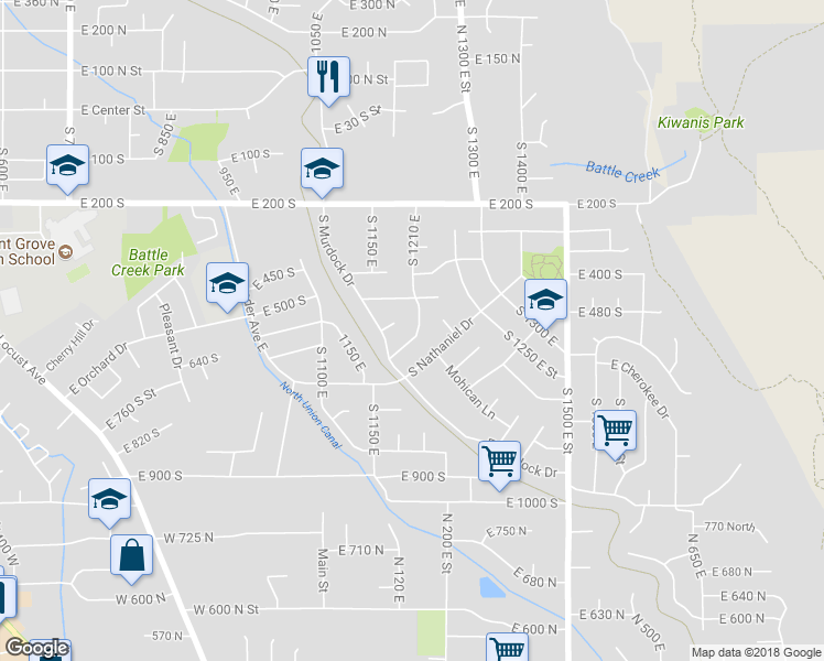 map of restaurants, bars, coffee shops, grocery stores, and more near 1259 Fort Drive in Pleasant Grove