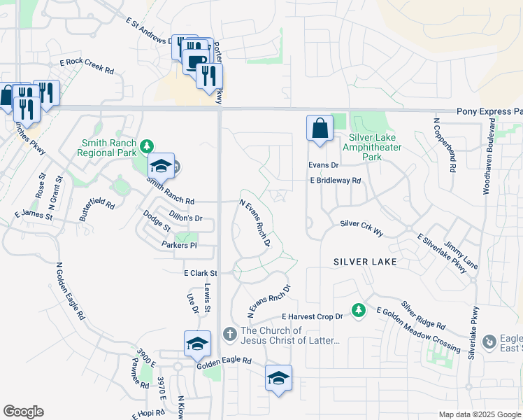 map of restaurants, bars, coffee shops, grocery stores, and more near 7672 North Evans Ranch Drive in Eagle Mountain