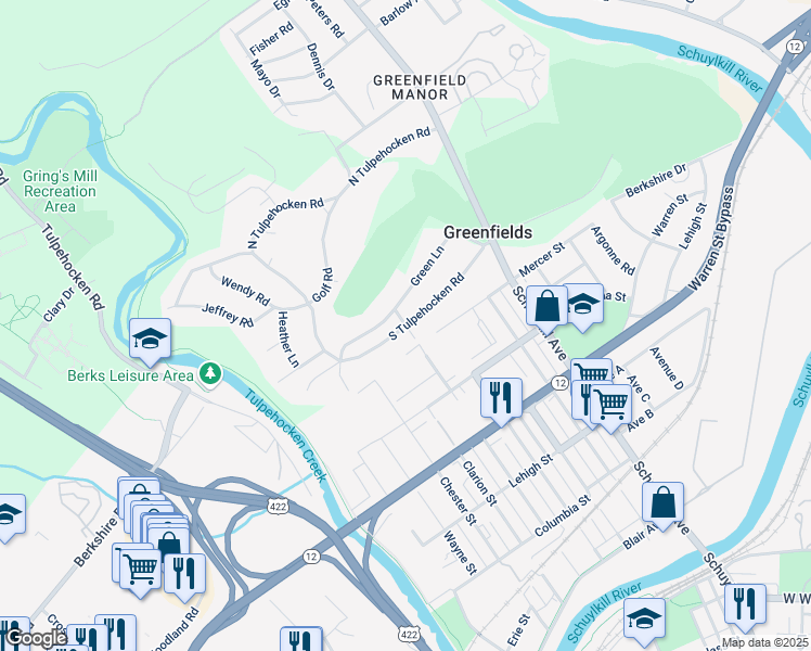 map of restaurants, bars, coffee shops, grocery stores, and more near 415 Green Lane in Reading