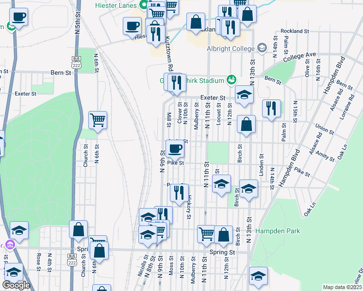 map of restaurants, bars, coffee shops, grocery stores, and more near 1468 Clover Street in Reading