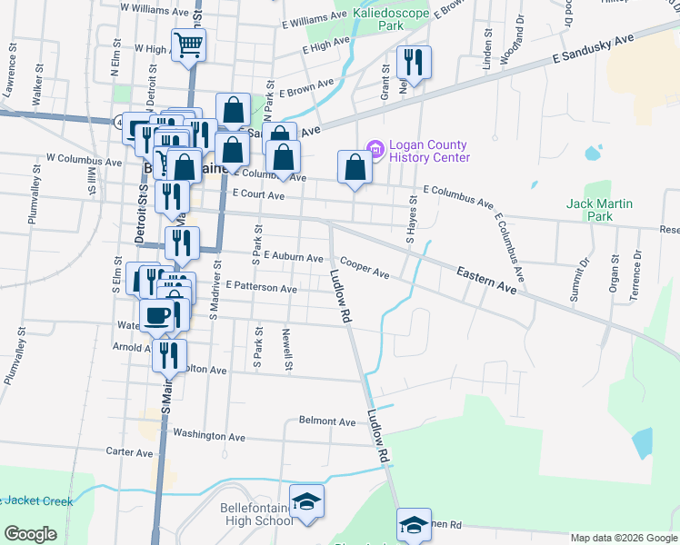 map of restaurants, bars, coffee shops, grocery stores, and more near 309 Ludlow Road in Bellefontaine