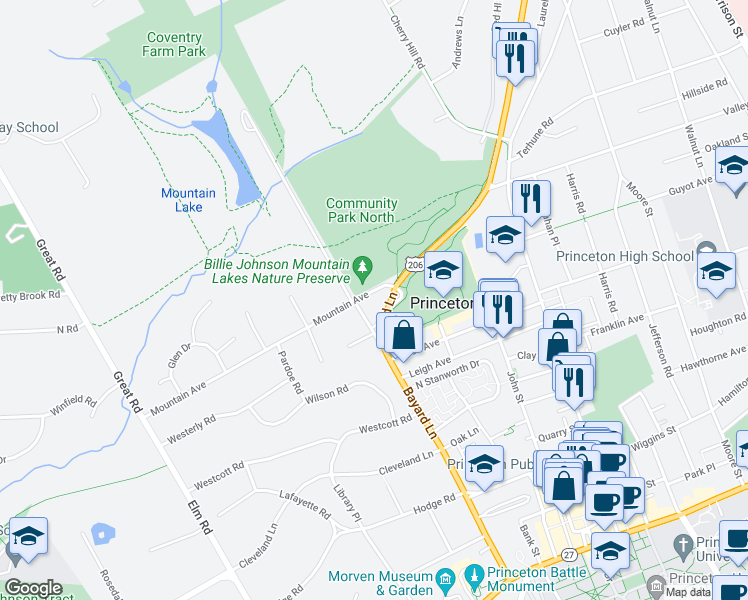 map of restaurants, bars, coffee shops, grocery stores, and more near 20 Mountain Avenue in Princeton