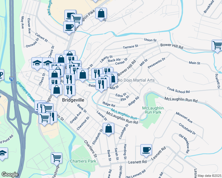 map of restaurants, bars, coffee shops, grocery stores, and more near 714 Mill Street in Bridgeville