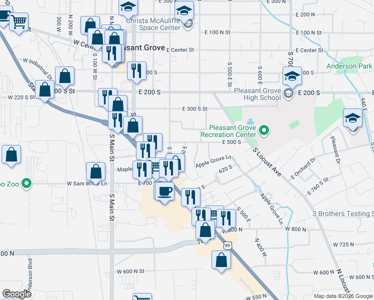 map of restaurants, bars, coffee shops, grocery stores, and more near 536 South 350 East in Pleasant Grove