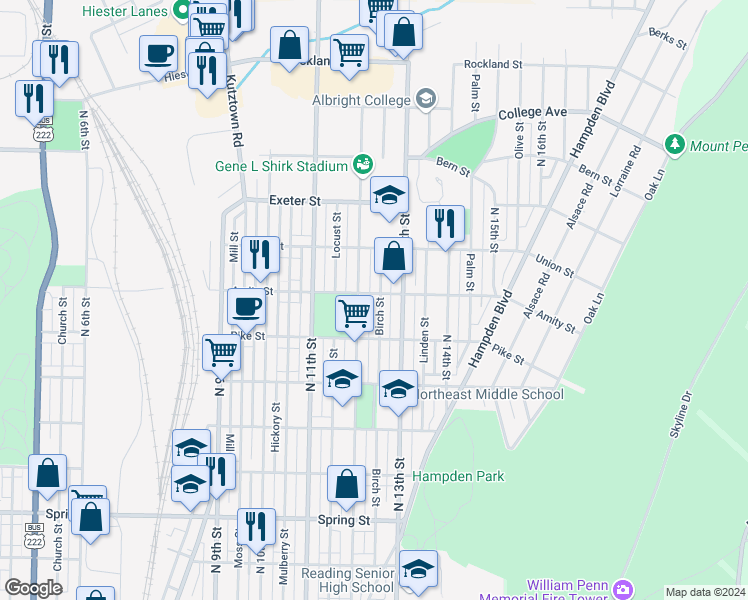 map of restaurants, bars, coffee shops, grocery stores, and more near 1435 North 12th Street in Reading