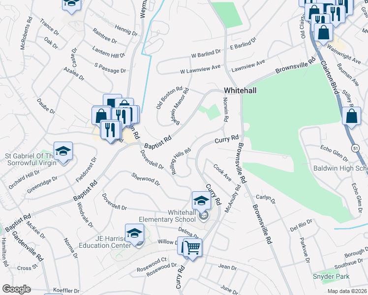 map of restaurants, bars, coffee shops, grocery stores, and more near 4740 Rolling Hills Road in Pittsburgh