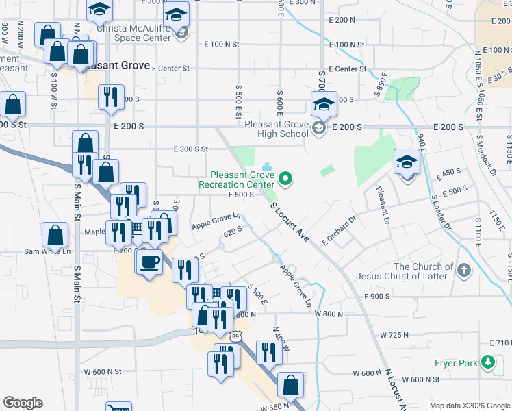 map of restaurants, bars, coffee shops, grocery stores, and more near 510 South Locust Avenue in Pleasant Grove