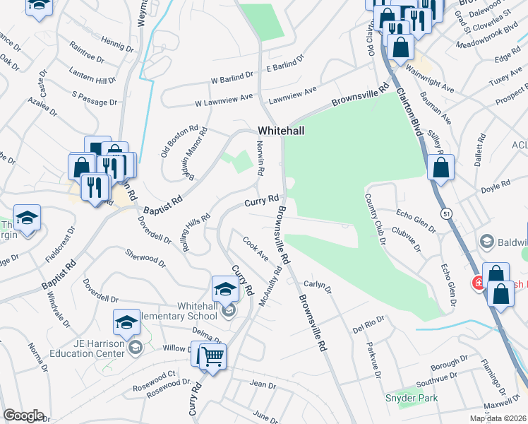 map of restaurants, bars, coffee shops, grocery stores, and more near 11 West Club Drive in Pittsburgh