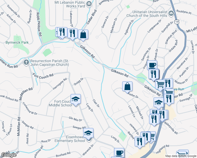 map of restaurants, bars, coffee shops, grocery stores, and more near 1736 Quigg Drive in Pittsburgh