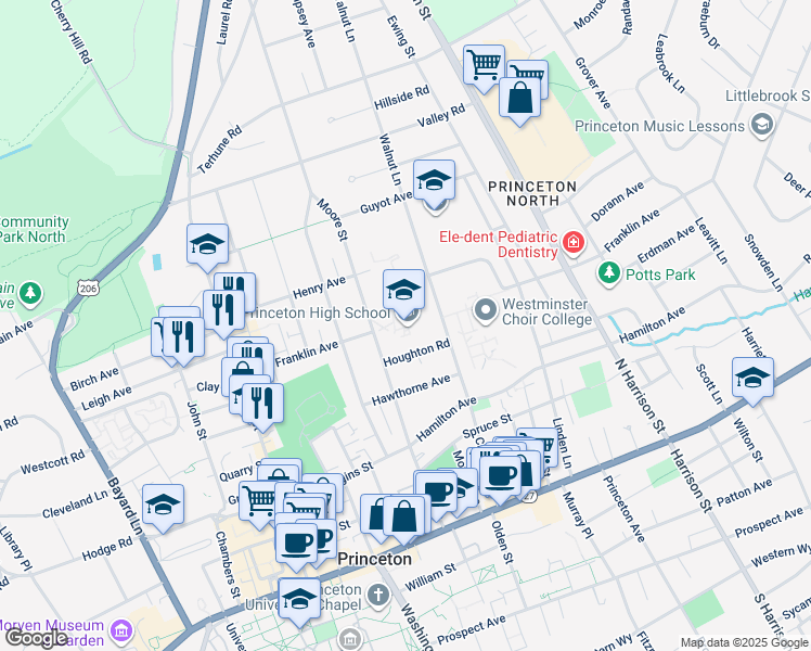 map of restaurants, bars, coffee shops, grocery stores, and more near 151 Moore Street in Princeton