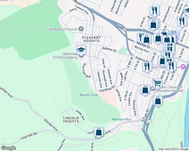 map of restaurants, bars, coffee shops, grocery stores, and more near 714 Lawson Avenue in Steubenville