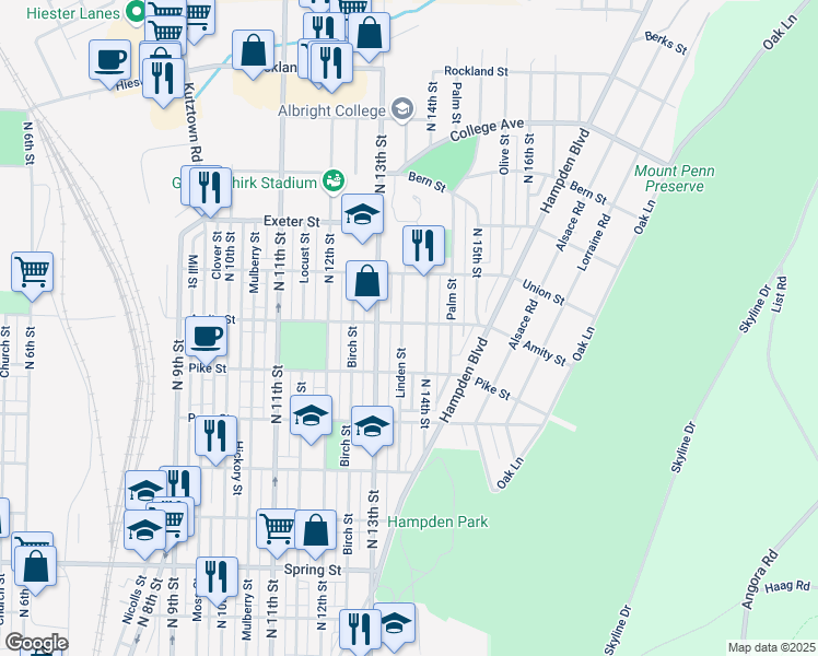 map of restaurants, bars, coffee shops, grocery stores, and more near 1431 East Linden Street in Reading