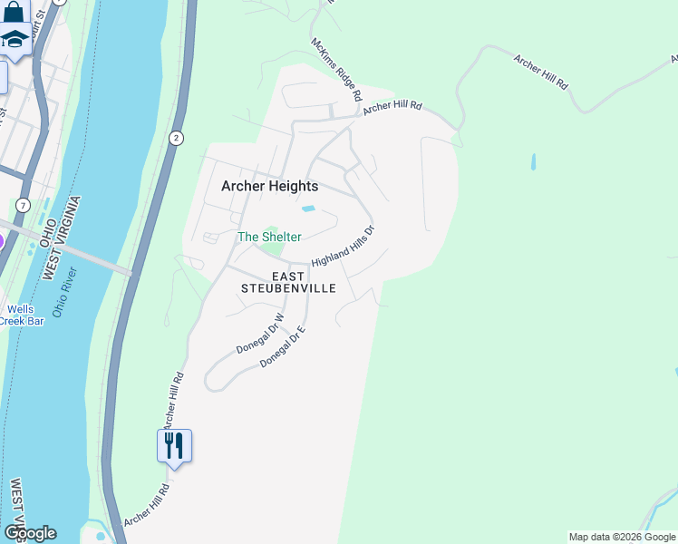 map of restaurants, bars, coffee shops, grocery stores, and more near 951 Robin Hood Drive in Follansbee