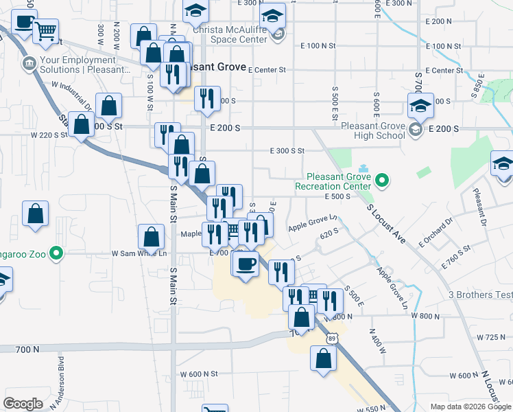 map of restaurants, bars, coffee shops, grocery stores, and more near 535 South 300 East Street in Pleasant Grove