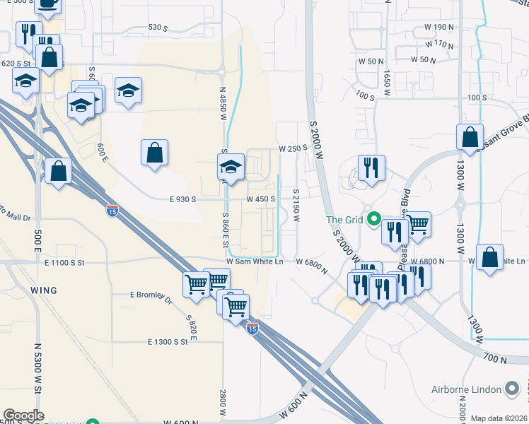 map of restaurants, bars, coffee shops, grocery stores, and more near 2297 West 500 South in Pleasant Grove
