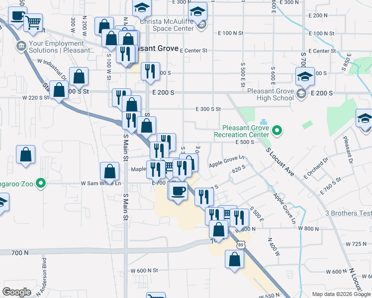 map of restaurants, bars, coffee shops, grocery stores, and more near 535 South 300 East Street in Pleasant Grove