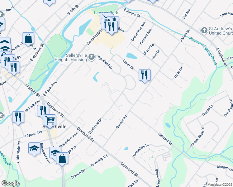 map of restaurants, bars, coffee shops, grocery stores, and more near 109 Mews Drive in Sellersville