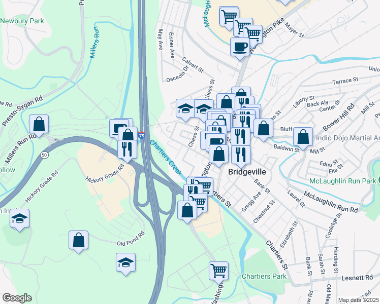 map of restaurants, bars, coffee shops, grocery stores, and more near 300 Hickman Street in Bridgeville