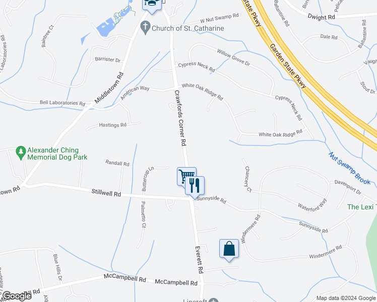 map of restaurants, bars, coffee shops, grocery stores, and more near 430 Everett Road in Holmdel