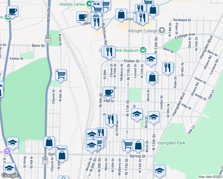 map of restaurants, bars, coffee shops, grocery stores, and more near 1468 Clover Street in Reading