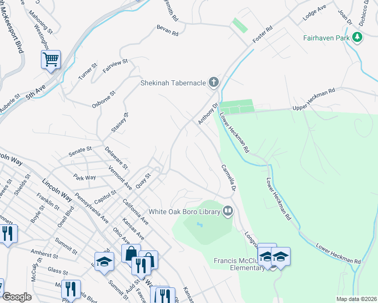 map of restaurants, bars, coffee shops, grocery stores, and more near 121 Marietta Drive in White Oak