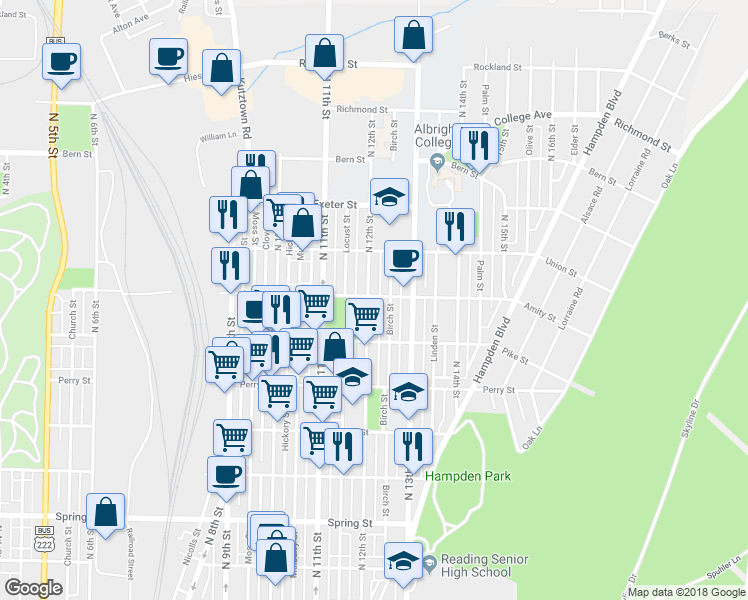 map of restaurants, bars, coffee shops, grocery stores, and more near 1435 North 12th Street in Reading